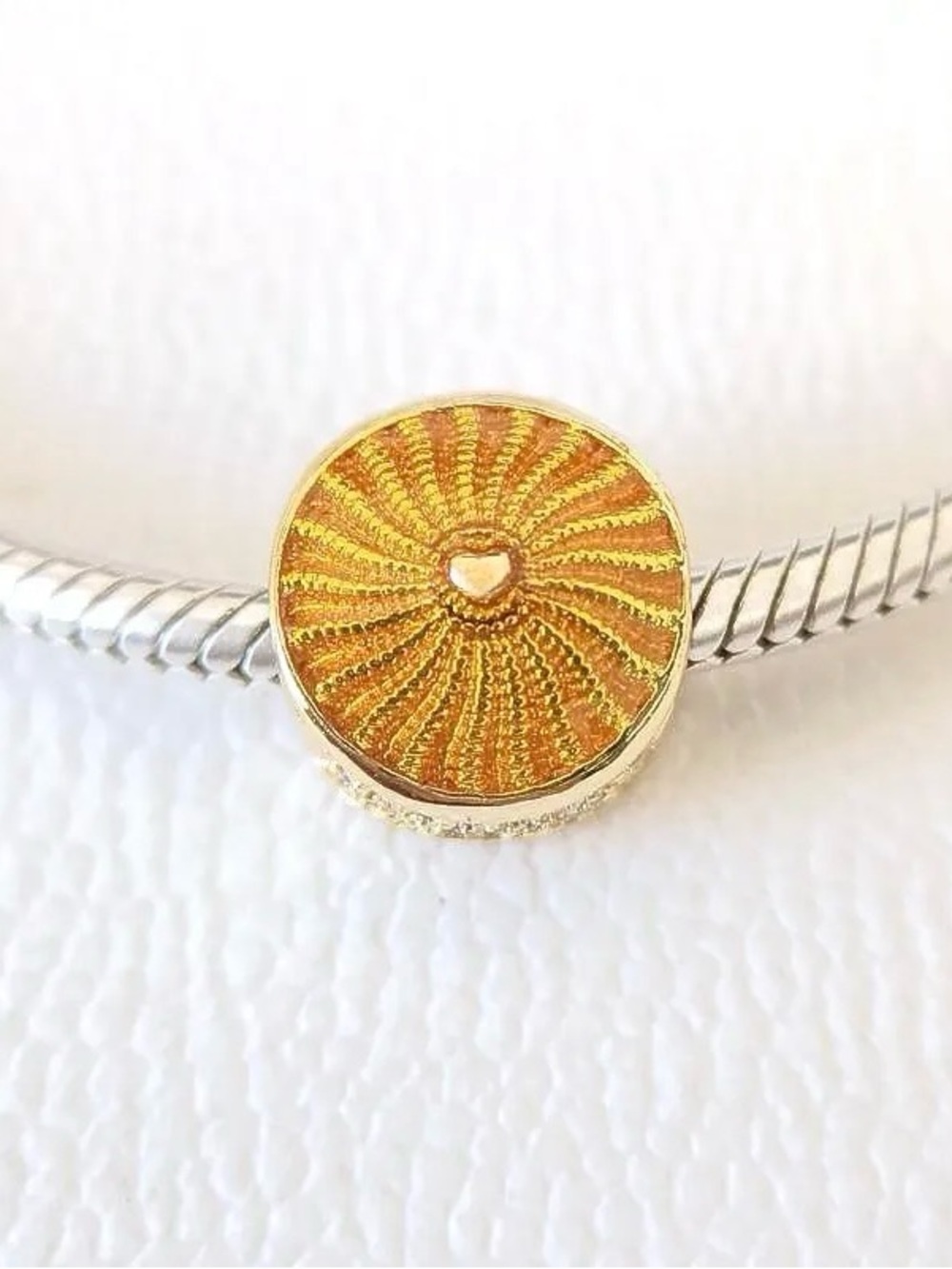 Rays of Sunshine Button Bead Charm, Warm Yellow Enamel, Center Heart, Pave Czs